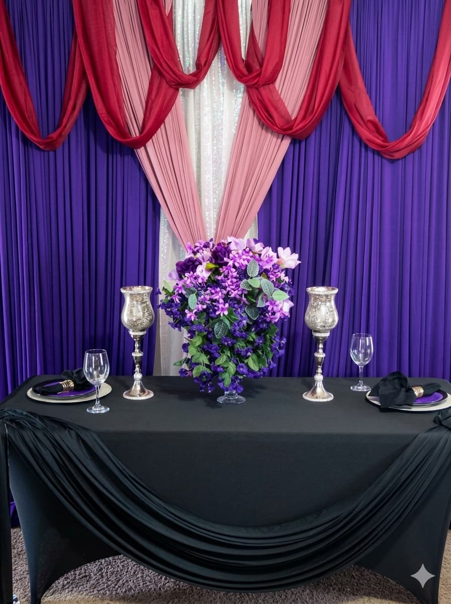 Purple and berry draped backdrop with violet floral centerpiece