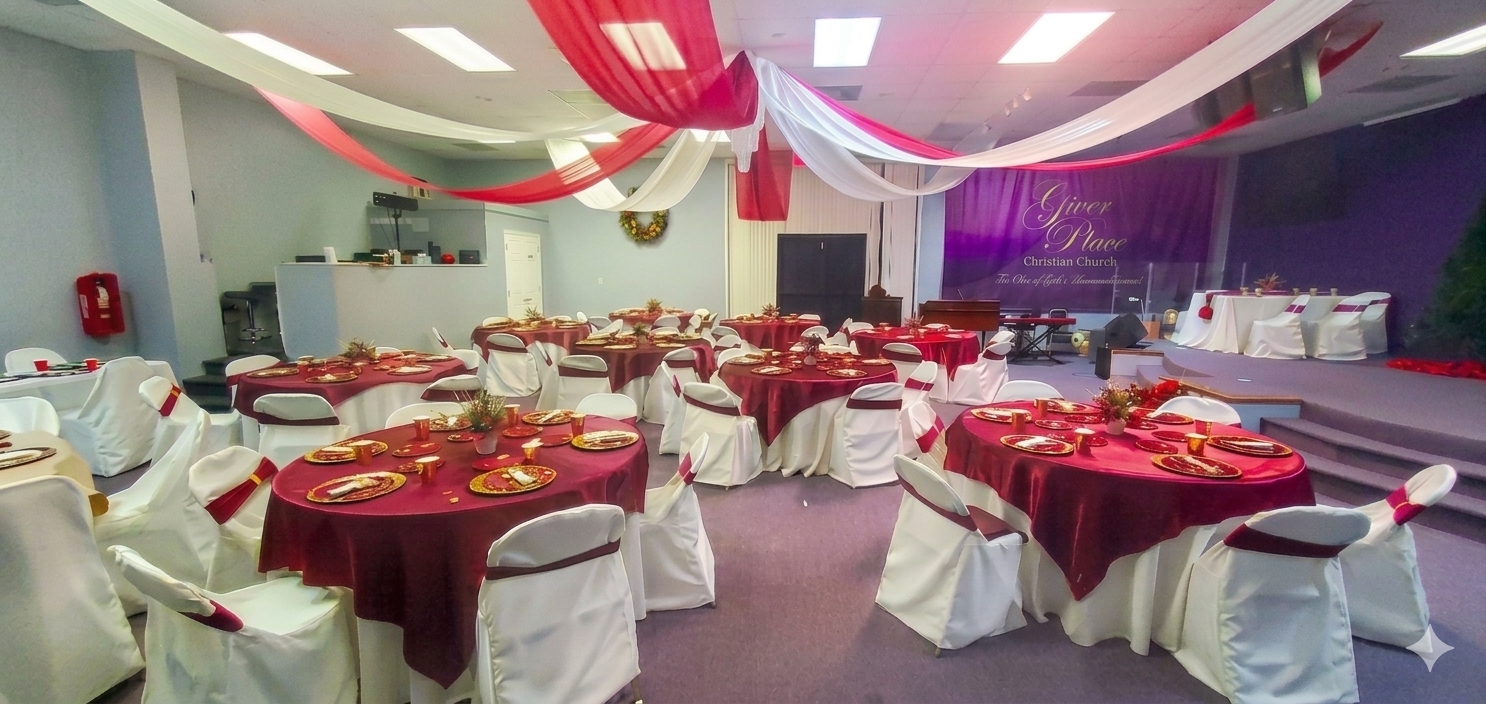 Holiday banquet with red and white ceiling draping