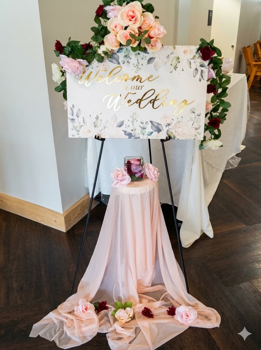 Welcome to our Wedding sign with blush roses and draped pedestal