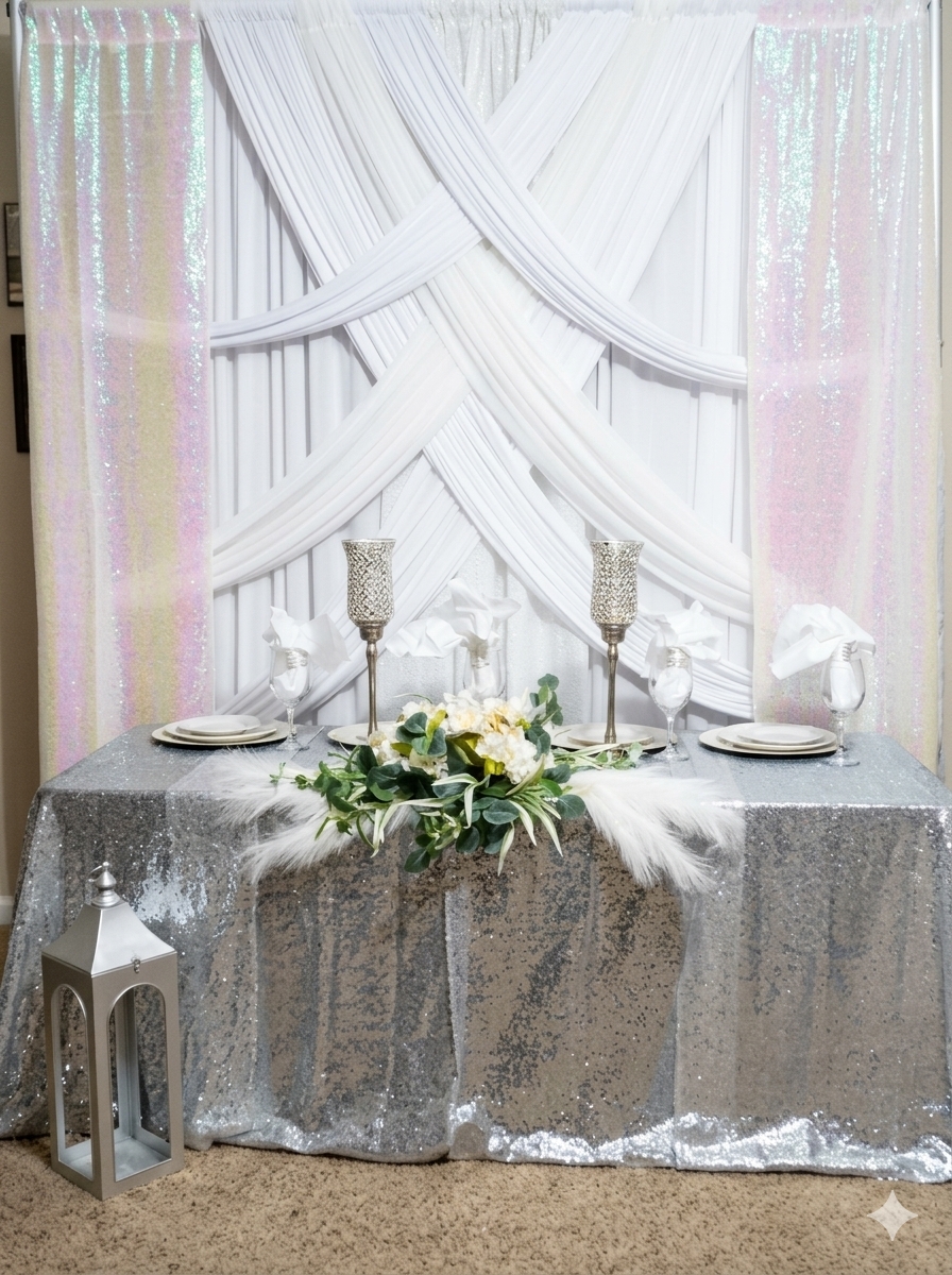 Silver sequin table with white crossed draping and iridescent panels